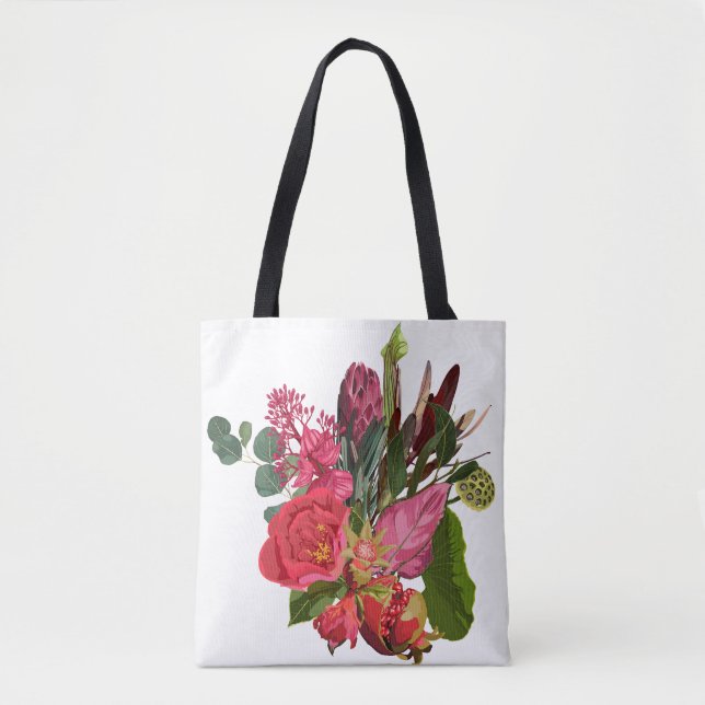 Bolso De Tela Ramo tropical con flores rojas. (Anverso)