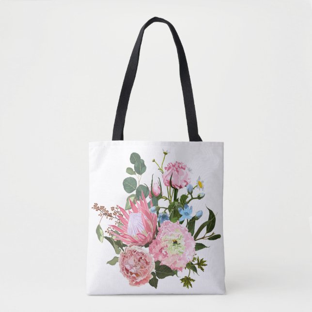 Bolso De Tela Ramo tropical con flores rosas. (Anverso)