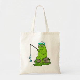Bolso De Tela Rana como pescador con barra de pesca y pescado