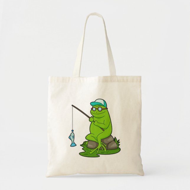 Bolso De Tela Rana como pescador con barra de pesca y pescado (Frente)