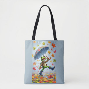Bolso De Tela Rana de camiseta divertida de otoño bajo la lluvia