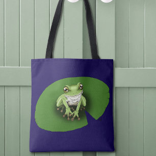 Bolso De Tela Rana Verde Americana sobre hoja de nenúfar