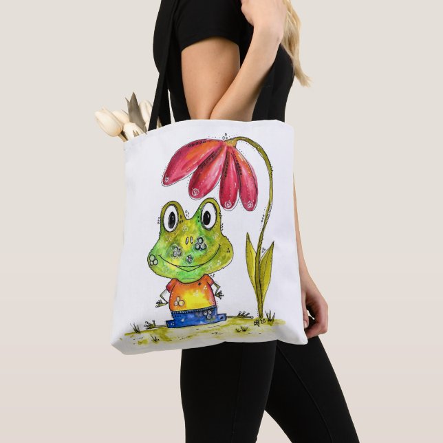 Bolso De Tela Rana verde suave bajo una flor roja (Detalle)