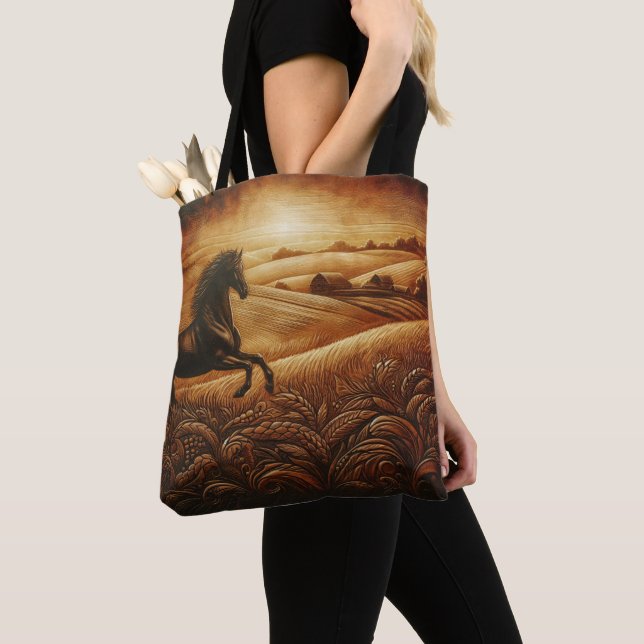 Bolso De Tela Rancho de cuero atardecer caballos (Detalle)