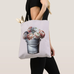 Bolso De Tela Ranunculus en Cubo de Hojalata Glam Rústico Rosa