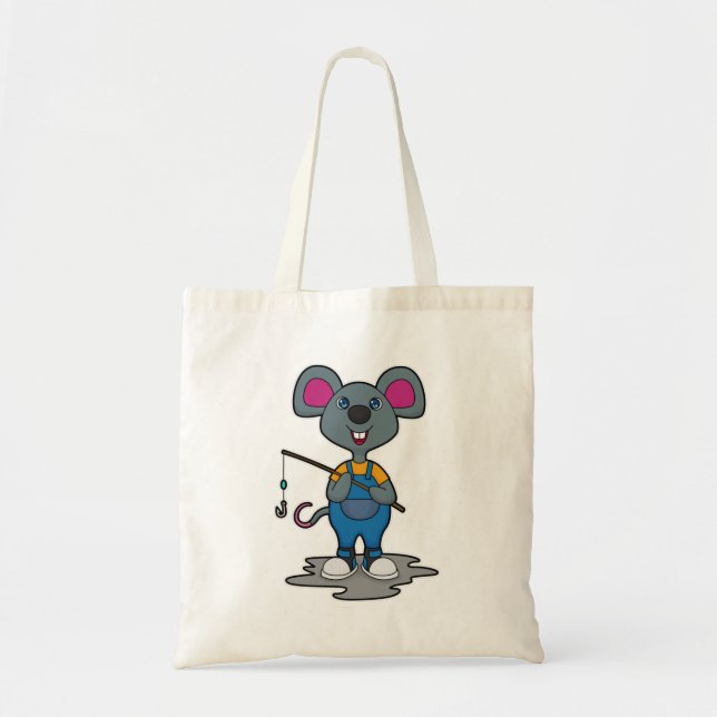 Bolso De Tela Ratón como pescador con barra de pesca (Frente)
