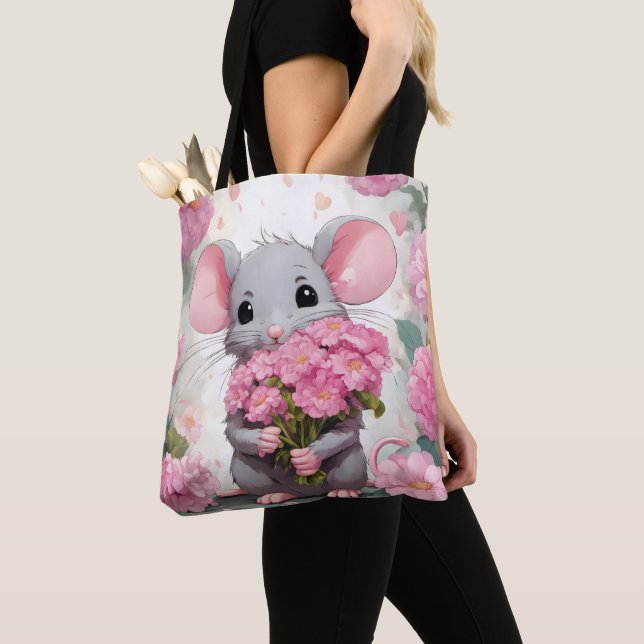 Bolso De Tela Ratón con ramo de flores rosas (Detalle)