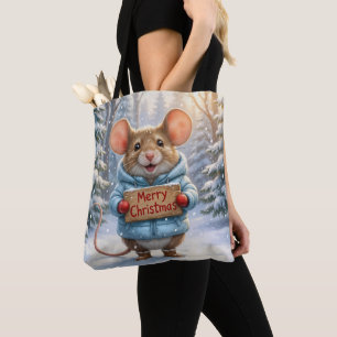 Bolso De Tela Ratón de Navidad en Bosque Invernal