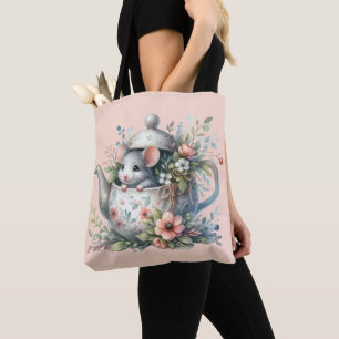 Bolso De Tela Ratón lindo en Ilustracion de tetera floral