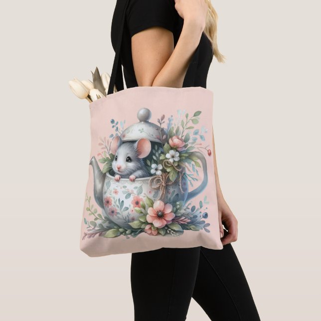 Bolso De Tela Ratón lindo en Ilustracion de tetera floral (Detalle)