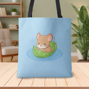 Bolso De Tela Ratón lindo en un barco de hoja azul