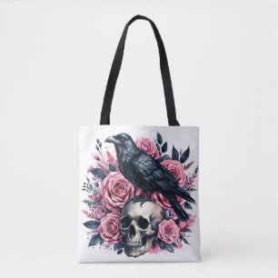Bolso De Tela Raven En El Cráneo Con Rosas Rosa