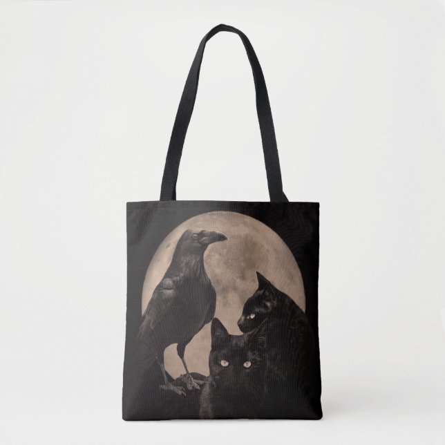 Bolso De Tela Raven gótico, gatos negros y luna (Anverso)