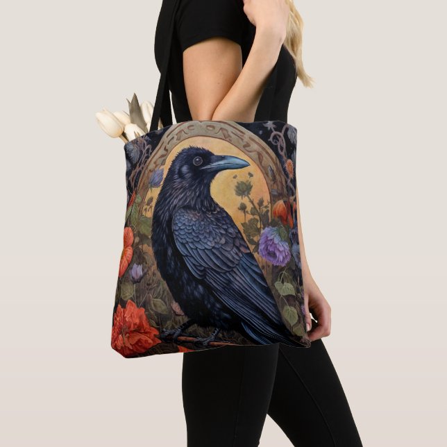 Bolso De Tela Raven negro con flores de diseño gótico (Detalle)