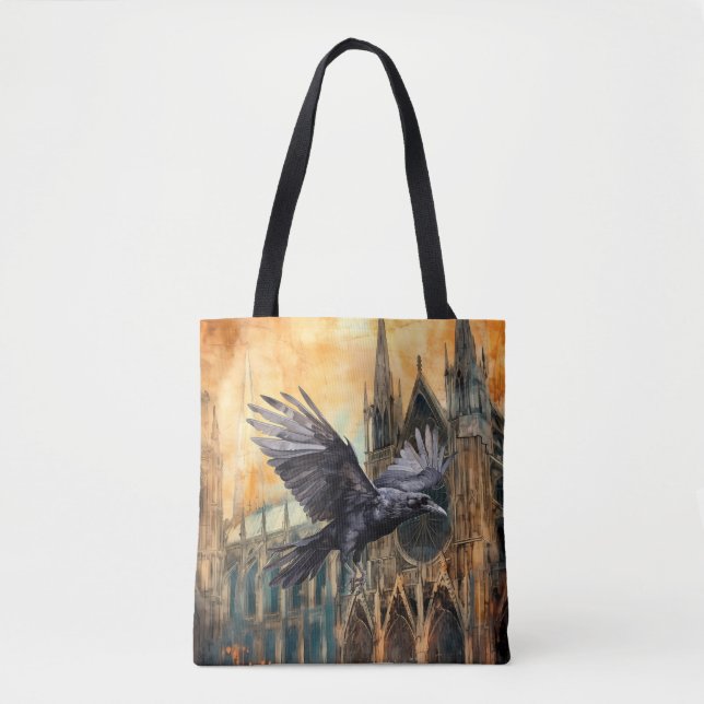 Bolso De Tela Raven volador y catedral gótica medieval (Anverso)