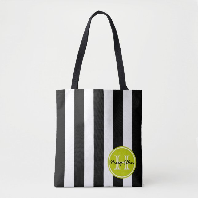 Bolso De Tela Raya blanco y negro con el monograma de la verde (Anverso)