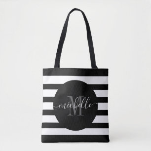 Bolso De Tela Raya moderna del monograma de la caligrafía negra