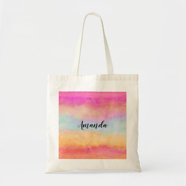Bolso De Tela Rayas abstractas de arcoiris amarillo rosa azul (Frente)