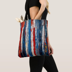 Bolso De Tela Rayas abstractas verticales pintadas de blanco azu