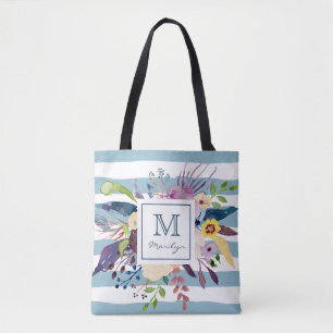 Bolso De Tela Rayas azules, monograma pintado acuarela floral