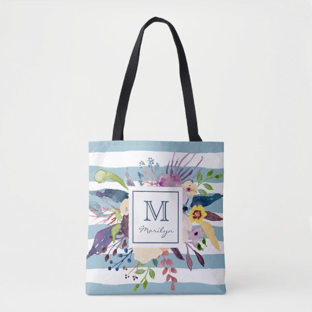 Bolso De Tela Rayas azules, monograma pintado acuarela floral (Anverso)