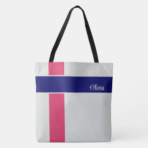 Bolso De Tela Rayas azules oscuras de frambuesa personalizadas