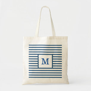 Bolso De Tela Rayas azules oscuras y blancas con monograma perso