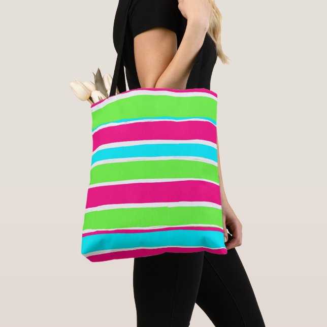 Bolso De Tela Rayas azules rosadas verdes (Detalle)