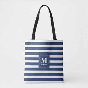 Bolso De Tela Rayas Azules y Blancas con Monograma