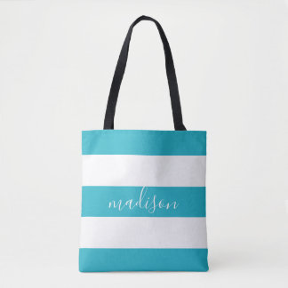Bolso De Tela Rayas azules y blancas con tipografía de nombres