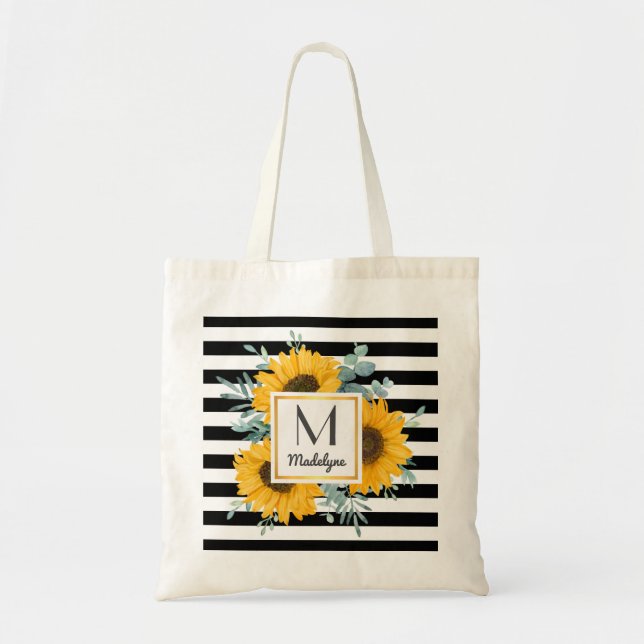 Bolso De Tela Rayas blancas negras Girasol de oro personalizado (Frente)