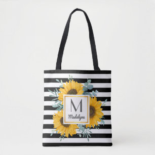 Bolso De Tela Rayas blancas negras Girasol de oro personalizado