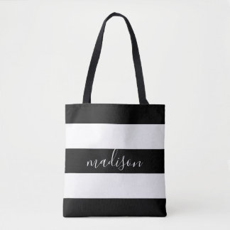 Bolso De Tela Rayas blancas y negras con tipografía de nombres