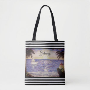 Bolso De Tela Rayas blancas y negras y paisaje de playa oceánica