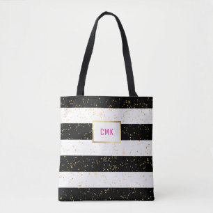 Bolso De Tela Rayas blancos y negros con confeti del oro