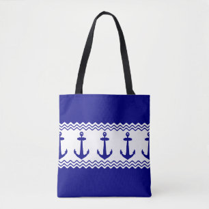Bolso De Tela Rayas costeras de Ancla Náutica Azul Blanco