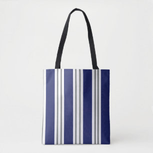 Bolso De Tela Rayas Costeras de Azul Marino y Blanco