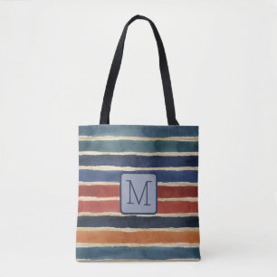 Bolso De Tela Rayas de Acuarela Monograma de Bloque de Color Azu
