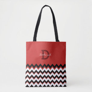 Bolso De Tela rayas de chevron negras + nombre en rojo
