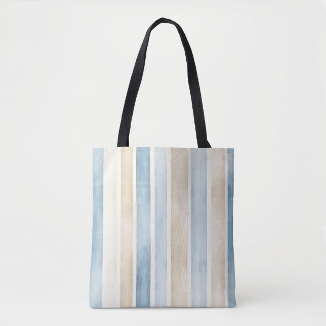 Bolso De Tela Rayas de Crema Azul de Playa (Anverso)