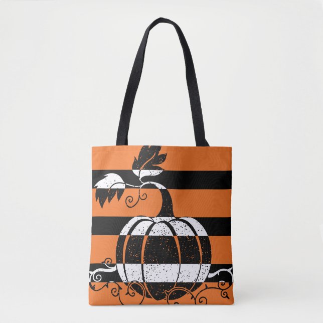 Bolso De Tela rayas de Naranja y negro con calabaza (Anverso)