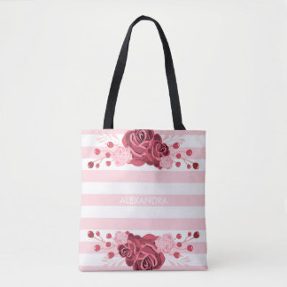 Bolso De Tela Rayas florales color de rosa