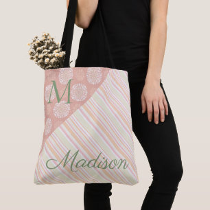 Bolso De Tela Rayas florales de moda verde rosa Nombre Monograma