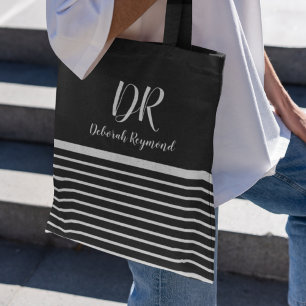 Bolso De Tela Rayas horizontales blancas monograma negro elegant