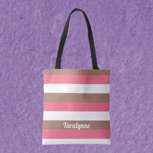 Bolso De Tela Rayas Mocha Marrón blanco rosado Personalizado
