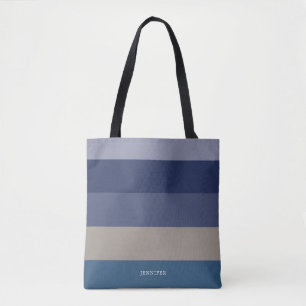 Bolso De Tela Rayas modernas con monograma tonos de azul