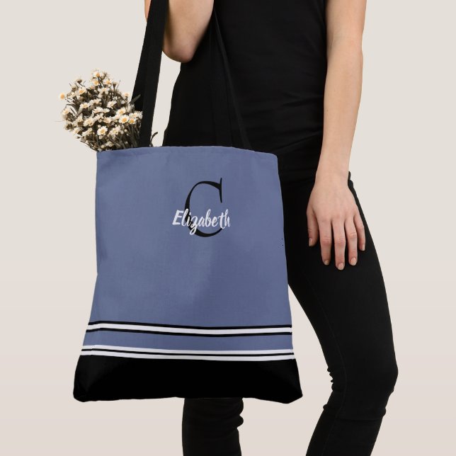 Bolso De Tela Rayas Modernas Monograma Negro Azul (Detalle)
