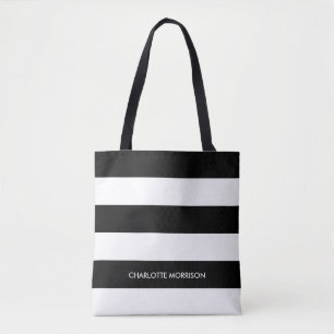 Bolso De Tela Rayas modernas nombre monograma negro y blanco