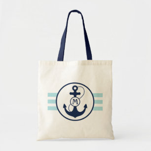 Bolso De Tela Rayas náuticas azules claras con el monograma del