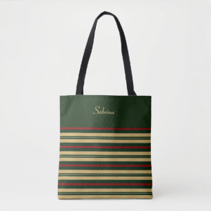 Bolso De Tela Rayas Navideñas Verdes, Doradas y Rojas